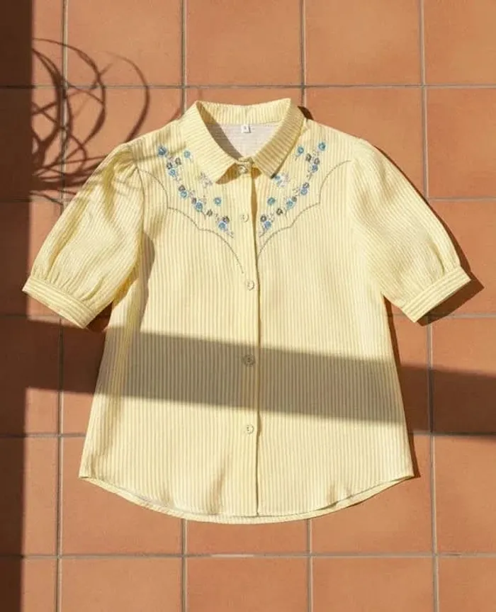 Chemisier rayé brodé, manches courtes, taille S, bohème chic rétro été
