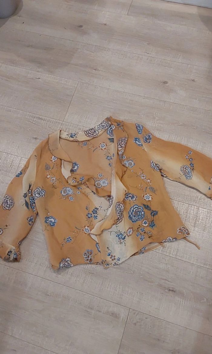 Superbe ensemble fluide Vintage beige bleu jupe et veste boléro T38 - photo numéro 18