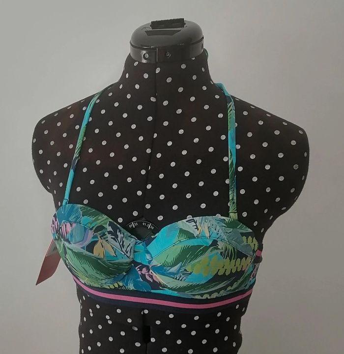 Haut de maillot de bain tropical bleu turquoise rose Taille 34 Penti - photo numéro 7