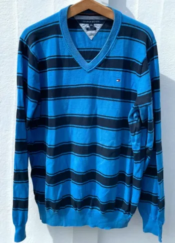 V-Neck Knit Pullover pull Tommy Hilfiger Mens XL Pima Cotton blue