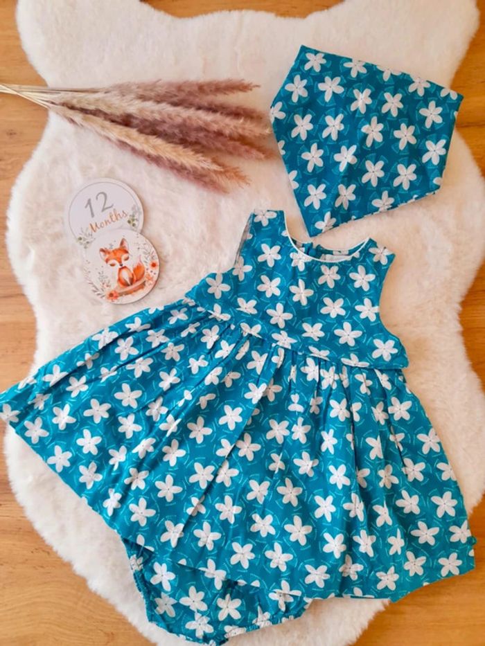 Ensemble Robe fleurie + culotte + bandana cheveux 12 mois Obaibi
