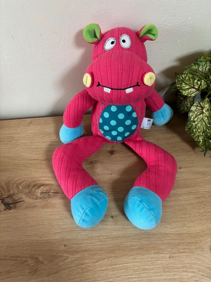 Doudou peluche hippopotame rose bleu pois Aurora baby