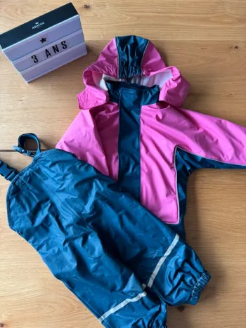 Ensemble 3 pièces veste imperméable + polaire + salopette bleu marine/rose - Taille 2/3 Ans