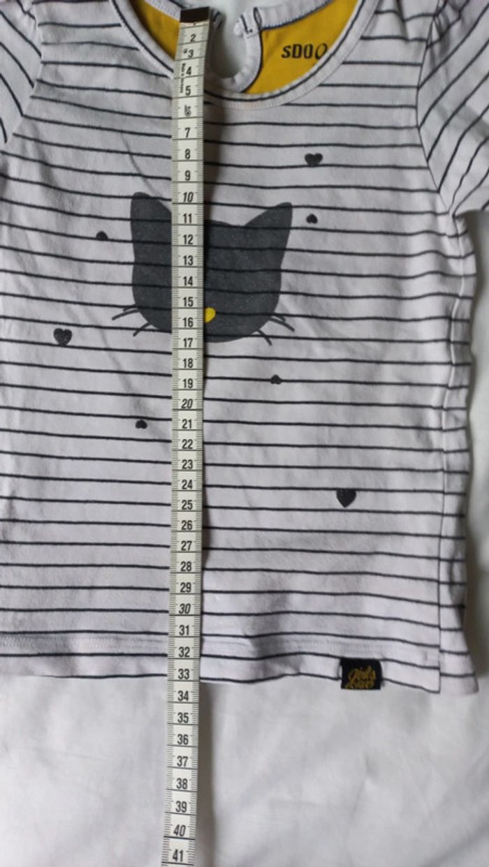 T-shirt blanc rayé noir chat - photo numéro 2