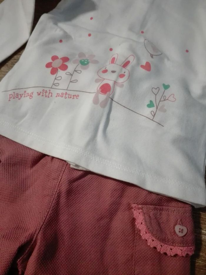 Ensemble t-shirt pantalon blanc vieux rose oiseau orchestra bébé fille 6 mois NEUF - photo numéro 2