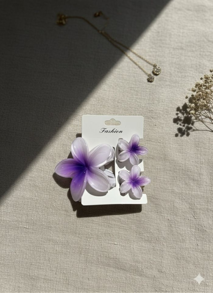 NOUVEAU ! Set Bijoux Fleur Plumeria - Rose Fuchsia & Blanc — Pince + 2 Boucles d'oreilles en Résine/Acrylique Brillante Idéal pour Soirées d'été et Festivals - photo numéro 6