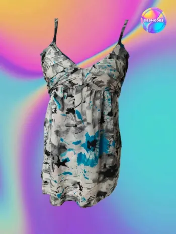 Superbe débardeur soie Naf Naf bleu et gris Monet