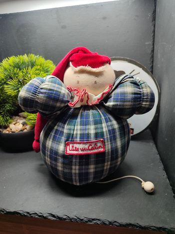 peluche musical boule lutin moulin roty ancien bleu carreau rouge bonnet grelot vite un câlin 