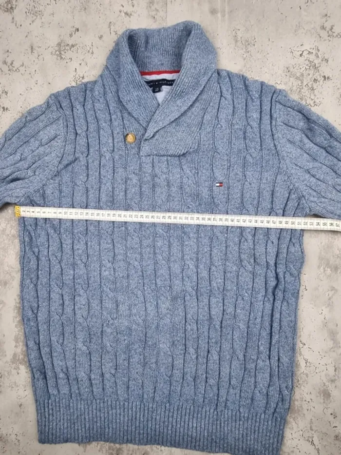 Pull torsadé col châle Tommy Hilfiger bleu clair, L Hommes (mesures en photos) - photo numéro 10