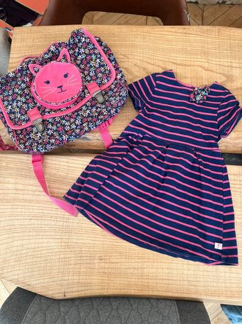 Ensemble 4 ans  sergent major Liberty fleurs cartable sac à dos robe marinière