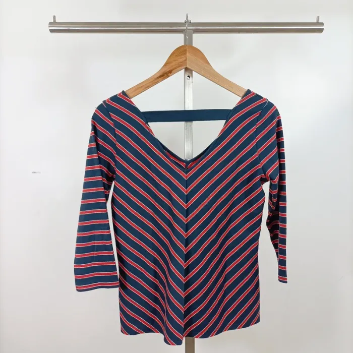 Top rayé bleu rouge col V dos decoletté Grain de Malice T.S coton stretch chic décontracté A1106 - photo numéro 7