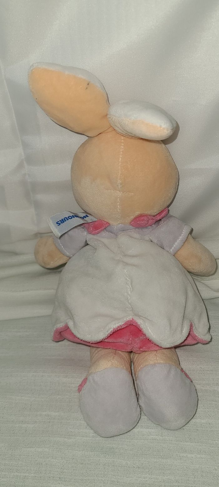 DOUDOU PELUCHE LAPIN NOUNOURS robe blanc rose mauve vert fleur - photo numéro 3