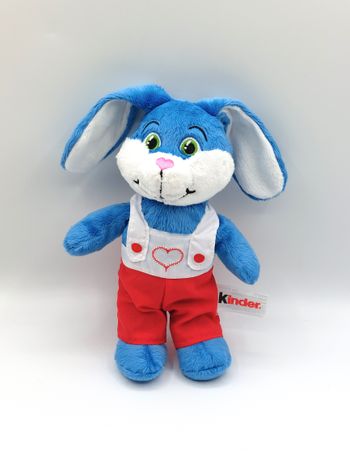 Peluche doudou lapin bleu blanc KINDER salopette rouge cœur brodé yeux verts