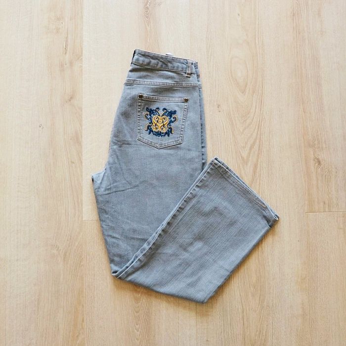 Vintage Jeans Wide Large Regular Gris Femme Coeur brodé Exclusive Mode (Taille 40) - photo numéro 3