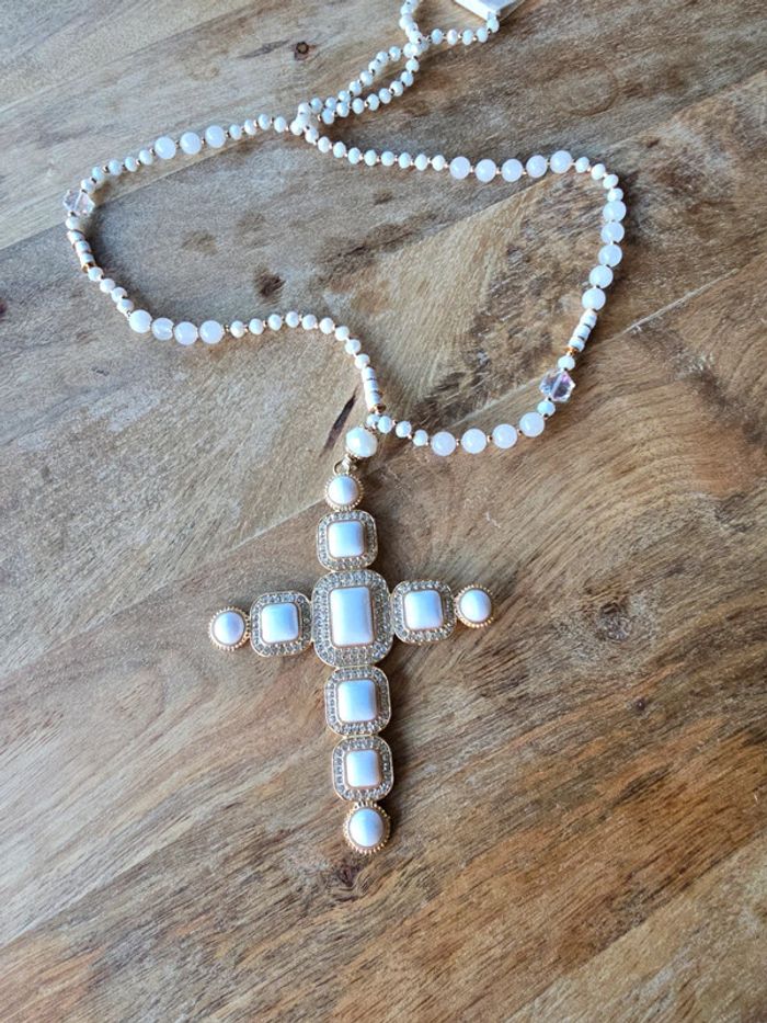 collier croix blanche et or - photo numéro 2