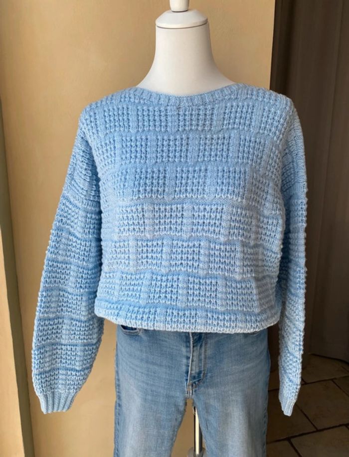 Pull mailles bleu ciel vintage - photo numéro 5
