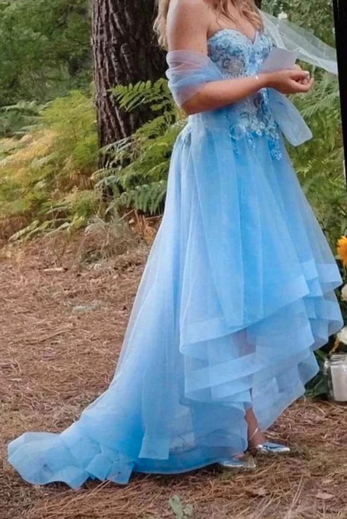 Robe bustier Sylfany - Tulle dentelle satin strass- Bleue - 36 = 34 actuel - Comme Neuve