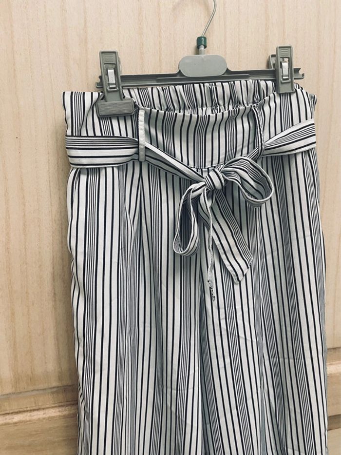 Pantalon fluide large à rayures avec ceinture nouée – Taille haute XS - photo numéro 4