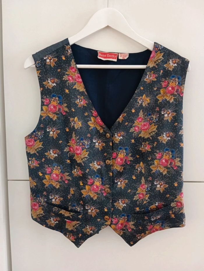 Gilet sans manches vintage style gilet costume bleu à fleurs
