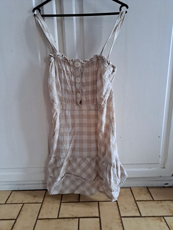 Robe à bretelles en lin à carreaux beige 34