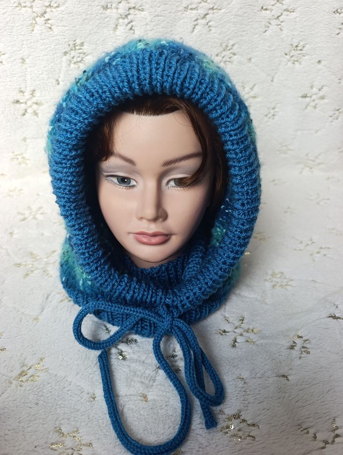 Cagoule femme hood Balaclava bleu pétrole uni et chiné neuf fait main - photo numéro 4
