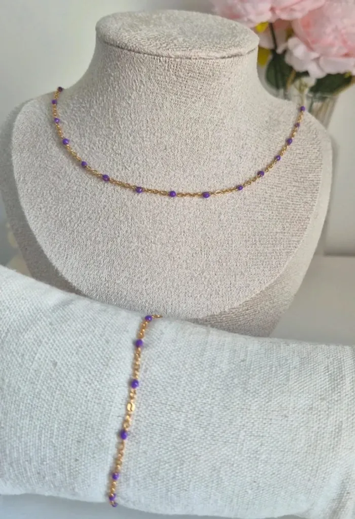 Parure collier + bracelet perles Violettes en acier inoxydable style gigi zag