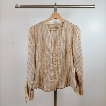 Blouse Caroll fluide rayée beige et doré taille 42 manches longues détail dentelle chic A1491