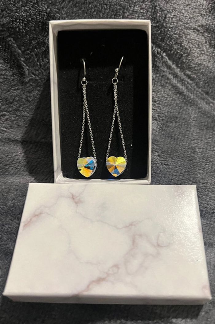 Boucle d’oreilles pendante pierre strass cœur bien braillant acier inoxydable argenté - photo numéro 3