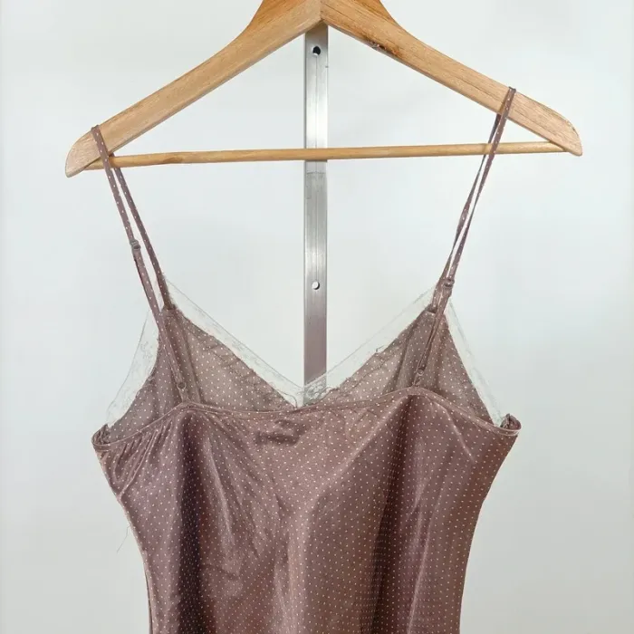 Nuisette satinée marron à pois et dentelle blanche – fines bretelles taille S-M A1043 - photo numéro 7