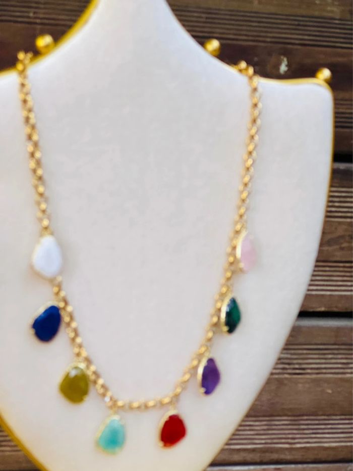 collier mailles épaisses acier inoxydable or habaha Paris pavés pierres naturelles véritables - photo numéro 5
