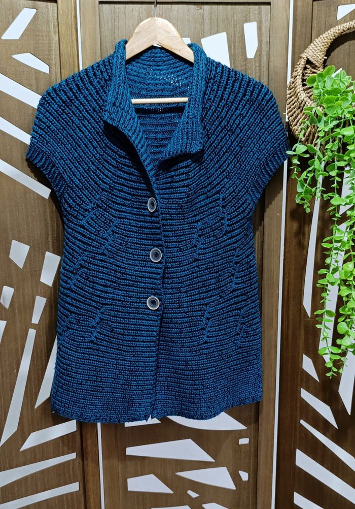 Gilet sans manches vintage tricoté main bleu canard taille 38