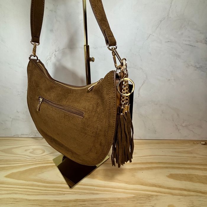 Sac bandoulière camel suédine chic rond idée cadeau neuf - photo numéro 7