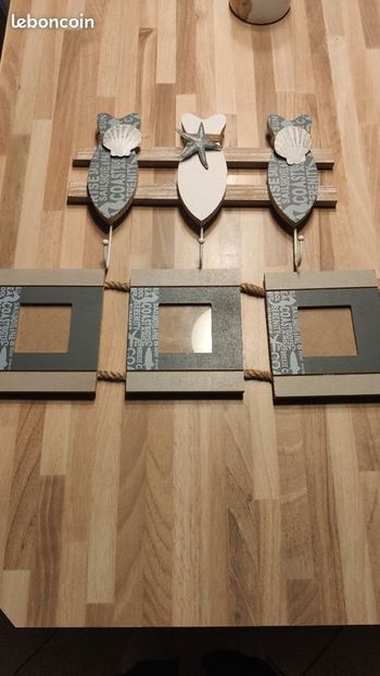 lot de 2 déco assorti : porte photo et petit porte manteau en bois épais
