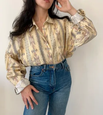 Chemise oversize vintage jaune pastel à motifs manches longues oversize femme/homme