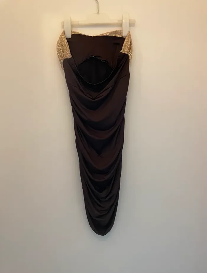 Robe bustier drapée marron & dorée – Taille M - photo numéro 3