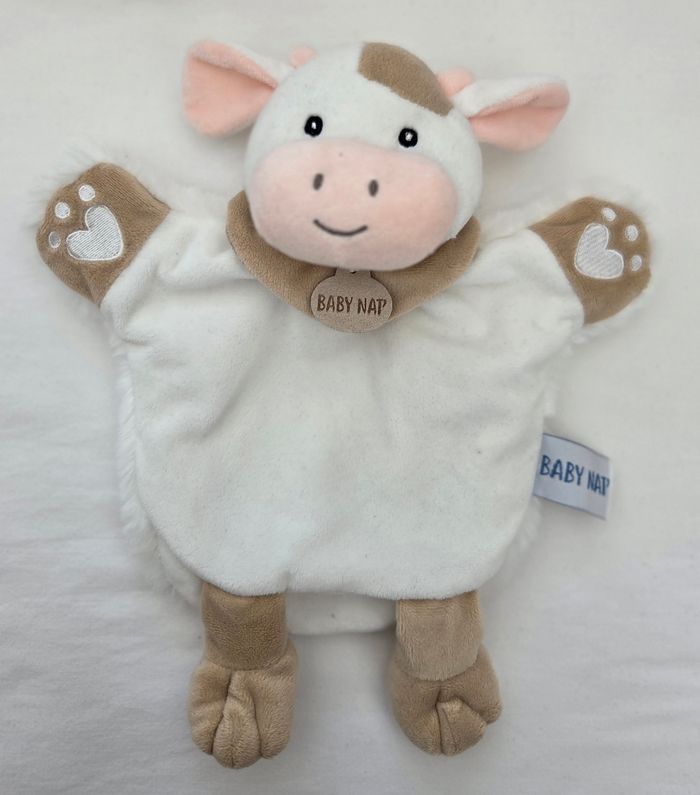 Doudou marionnette vache ferme Blanc et beige - Baby Nat