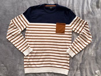 Pull Jules homme taille M – style marinière blanc & camel