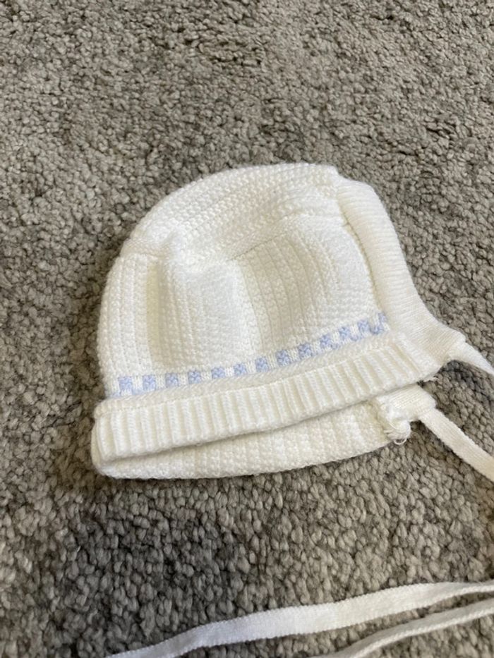 Bonnet laine naissance blanc et bleu - photo numéro 2