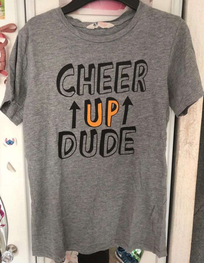 T-shirt gris chiné avec inscription noir H&M 10/12 ans