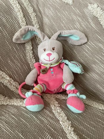Peluche doudou d‘éveil 25cm Babynat lapin gris rose et bleu très bon état