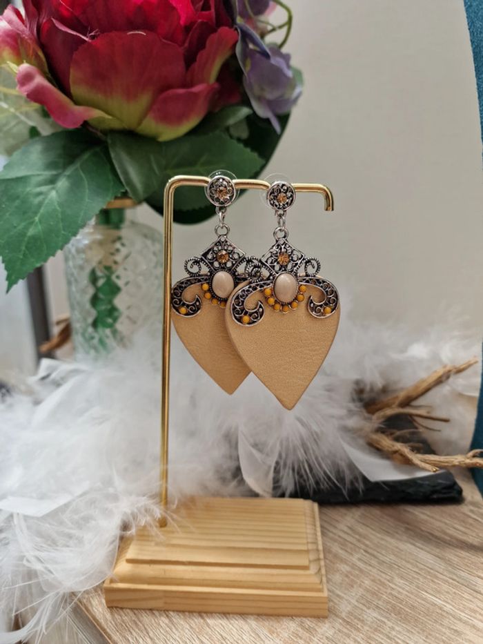 Boucles D'oreilles Boheme Cuirs Beige - photo numéro 2