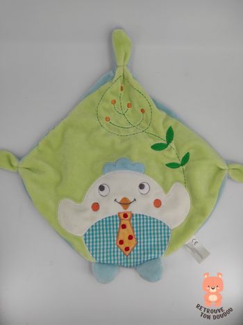 Doudou Plat Poule Oiseau Vert Bleu Nicotoy