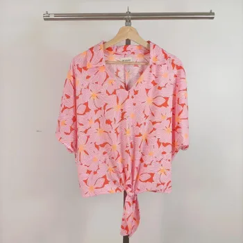 Chemise fluide fleurie rose orange CMT Atelier, col V nouée devant, taille M A516