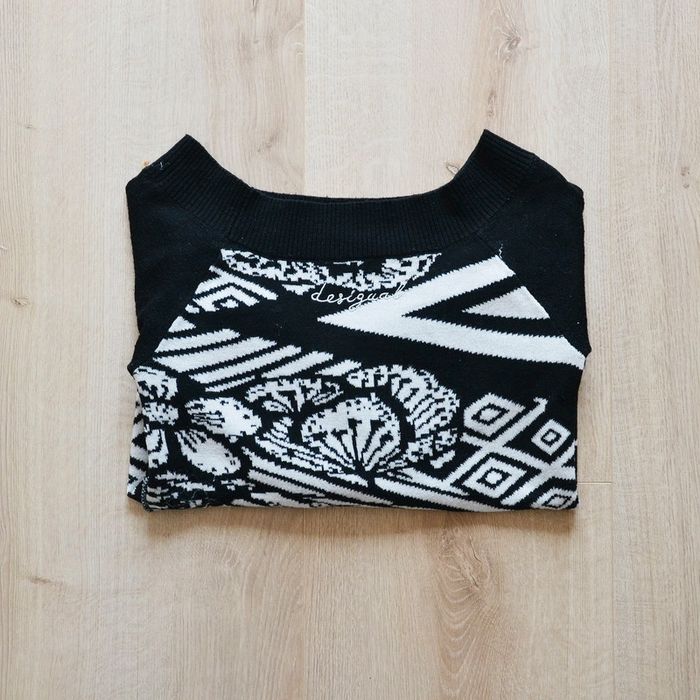 Desigual Pull Acrylique Col évasé Noir et Blanc Femme Exclusive Collection Vintage (Taille S)