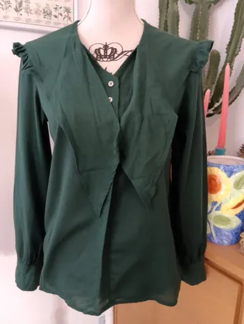 Blouse vintage coupe vareuse grand col vert foncé