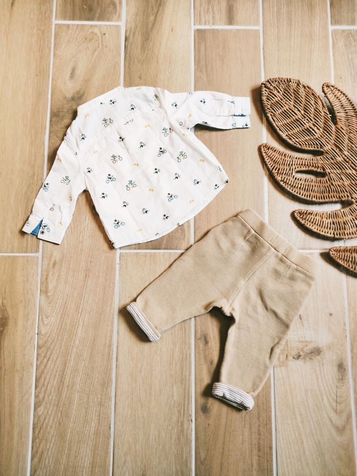 🐵Obaïbi/Okaidi - Ensemble Pantalon molletonné beige et chemise motifs chats et singes -taille 6mois - photo numéro 2