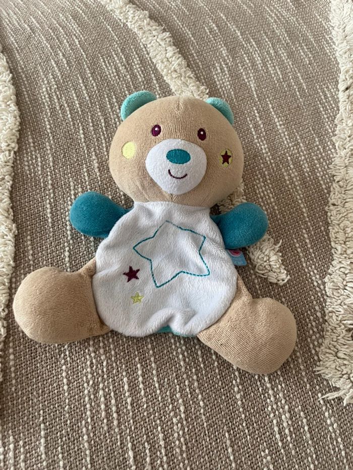 Peluche doudou plat 18cm sucre d’orge ours bleu et blanc très bon état