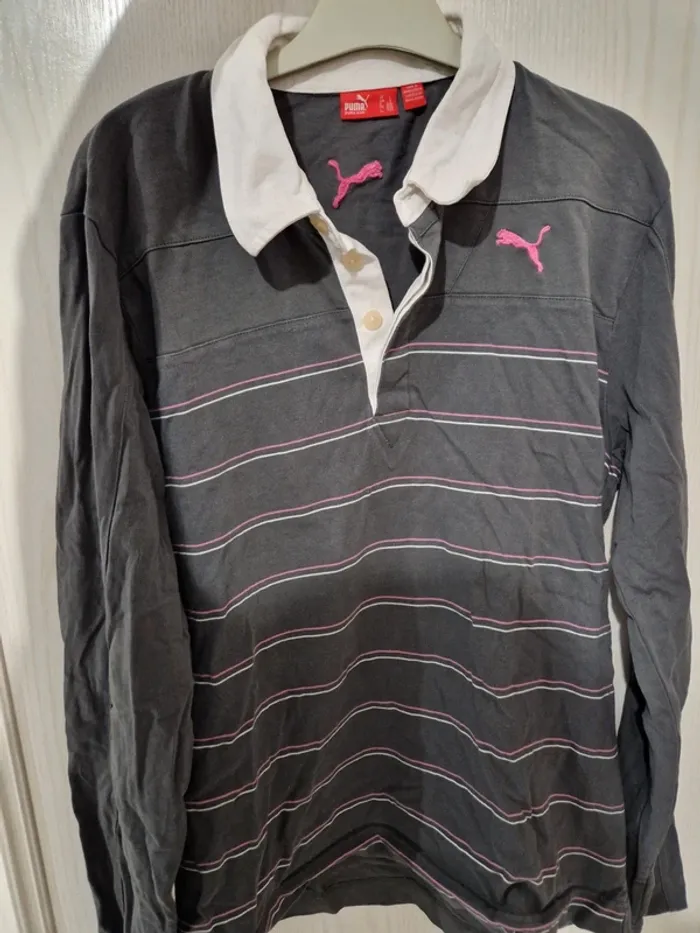 Pull puma à rayures gris et rose