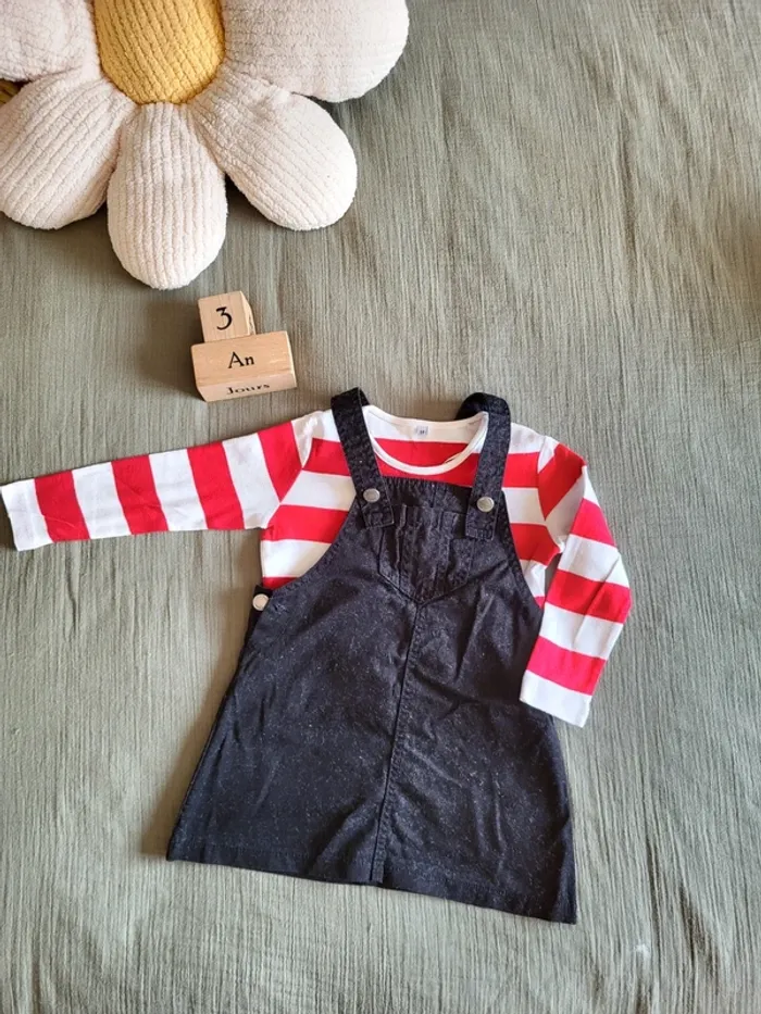 Ensemble robes salopette et t-shirt manches longues marinière 100% coton rentrée automne