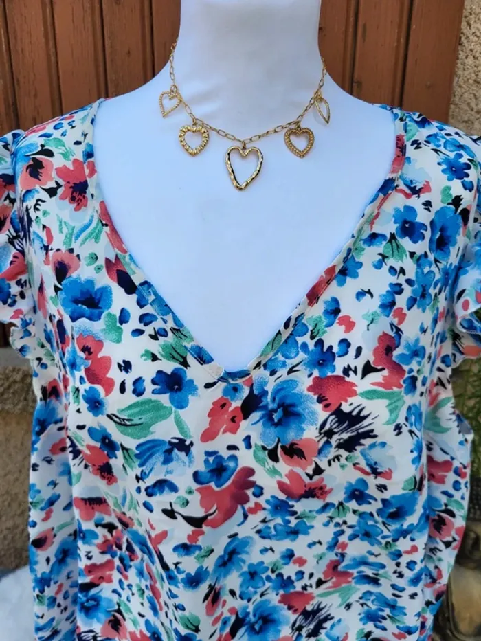 Blouse fleuri fluide blanc bleu rose shein taille 46 - photo numéro 4